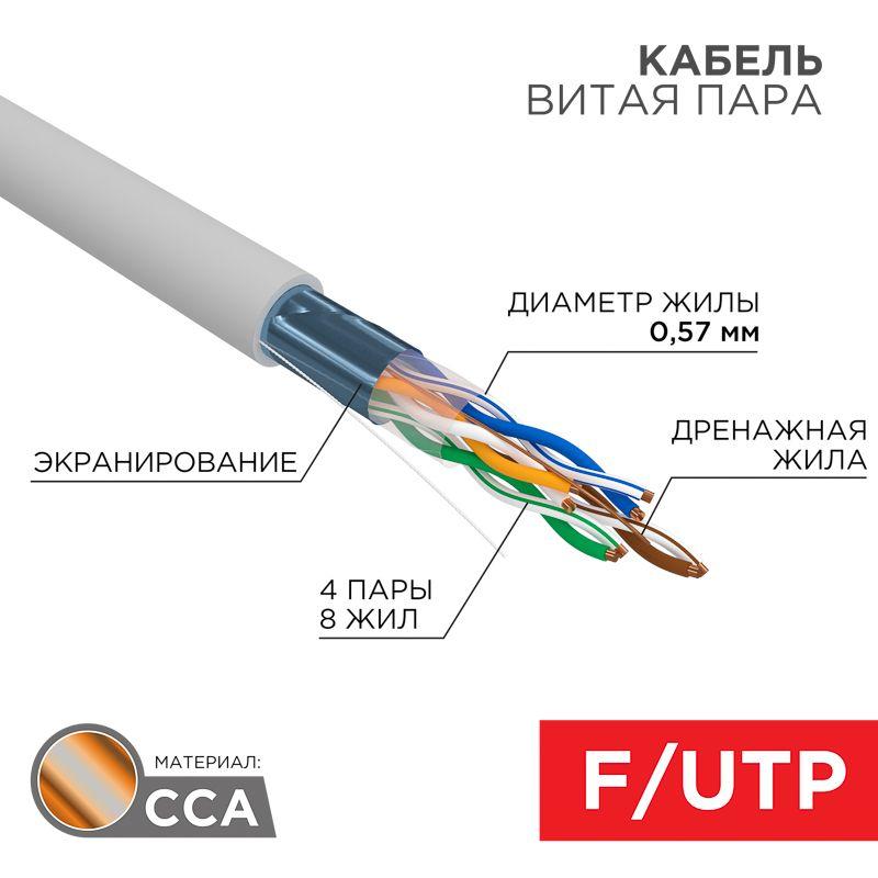 Кабель витая пара F/UTP кат.6 4х2х23AWG solid CCA PVC INDOOR омедненный алюм. сер. (уп.305м) PROCONNECT 01-0147-3