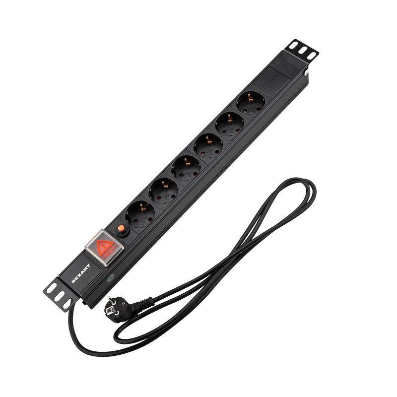 Блок распределения питания PDU 6 розеток СЕЕ 7/4 Schuko 16А фильтр выкл. вилка СЕЕ 7/7 горизонт. шнур 2м корпус алюм. Rexant 04-0102-1