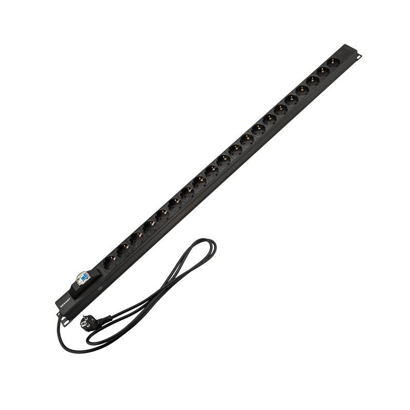 Блок распределения питания PDU 20 розеток СЕЕ 7/4 Schuko 16А автомат защиты вилка СЕЕ 7/7 вертикал. шнур 2м корпус алюм. Rexant 04-0201-2