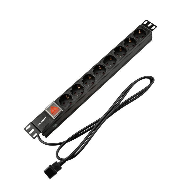 Блок распределения питания PDU 8 розеток СЕЕ 7/4 Schuko 10А выкл. вилка C14 горизонт. шнур 2м корпус алюм. Rexant 04-0302-1