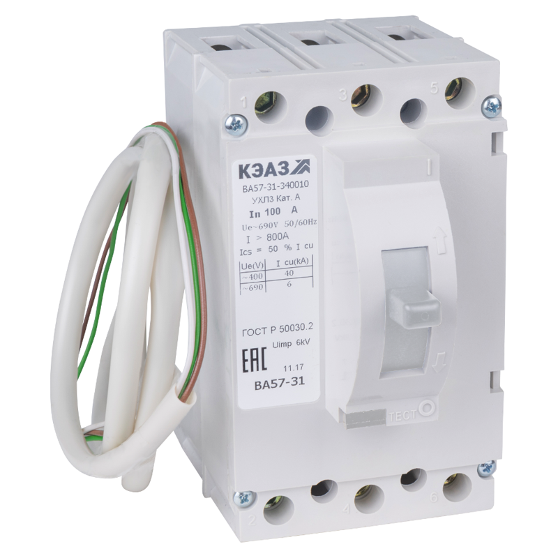 Выключатель автоматический 3п 100А 1200Im 40кА ВА57-31-341210 УХЛ3 690В AC НР=127В AC КЭАЗ 108458