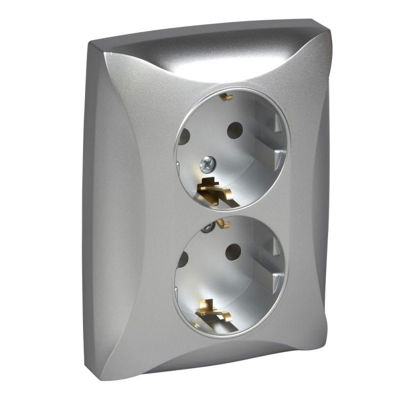 Розетка 2-м СП Дуэт 16А IP20 с заземл. серебр. SchE WDE000324