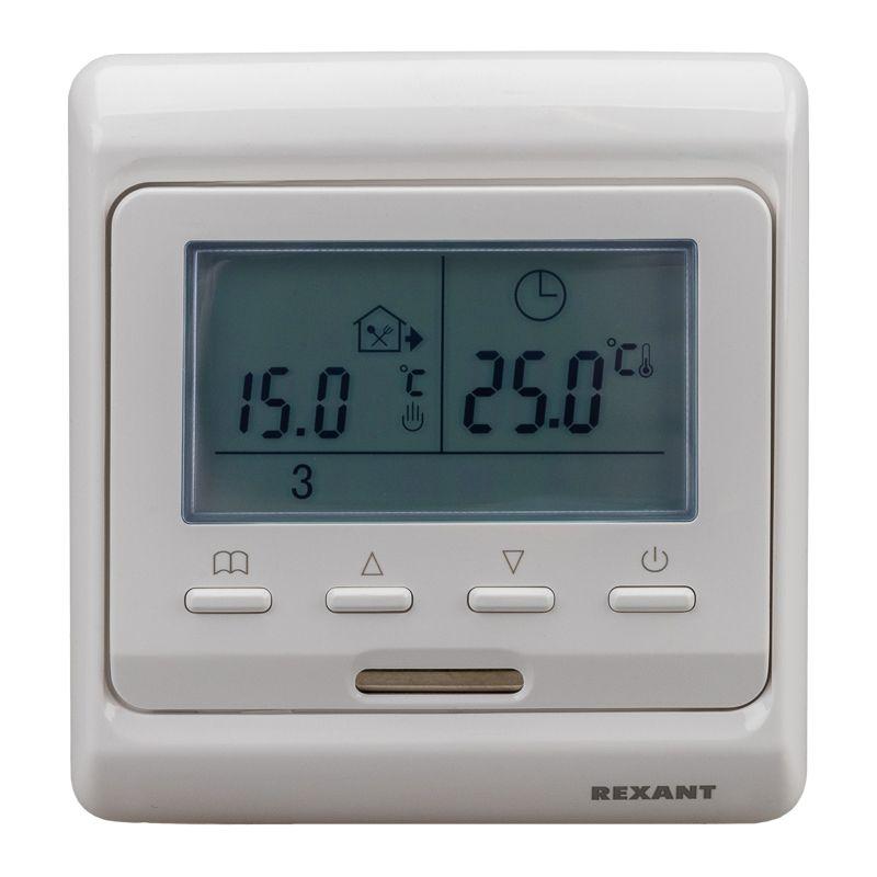 Термостат программируемый R51XT (HW-500; RTC 51.716; ST-16; ETT-1) 3.6кВт 16А для теплых полов датчик пола; датчик воздуха бел. Rexant 51-0532
