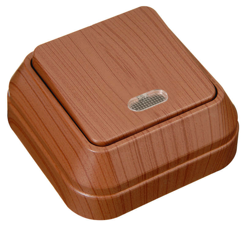 Выключатель 1-кл. ОП 10А IP20 с подсветкой орех Makel 45421