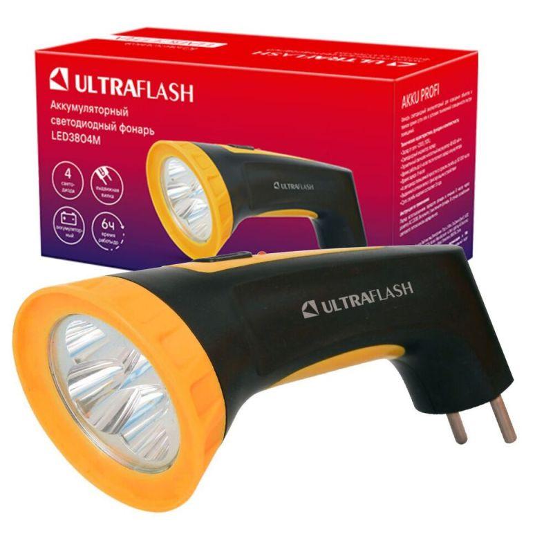 Фонарь аккумуляторный LED3804M 4LED аккум. SLA 220В пластик. черн./желт. (кор.) Ultraflash 12867