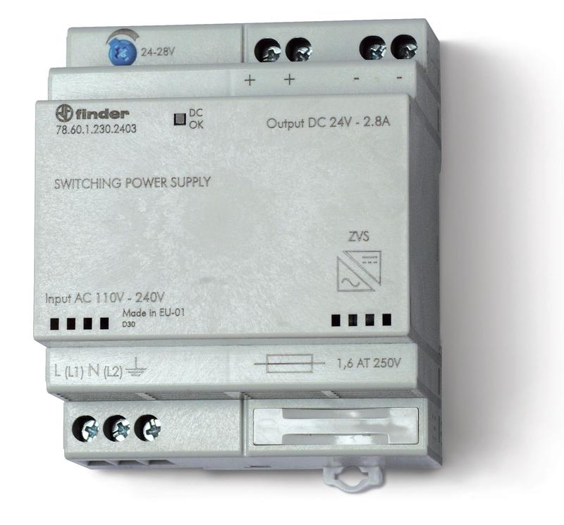 Источник питания импульсный вход 110...240В AC / выход 24В DC 60Вт модульный 70мм предохранитель входой цепи настройка выходного напряжения зарядка аккумуляторов IP20 FINDER 786112302403