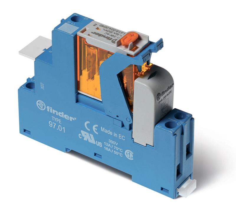 Модуль интерфейсный (сборка 46.61.9.012.0040 + 99.02.9.024.99 + 97.01SPA) электромеханич. реле 1CO 16А AgNi 12В DC IP20 винт. клеммы пластик. клипса LED + диод кнопка тест + мех. индикатор FINDER 4C0190120050SPA