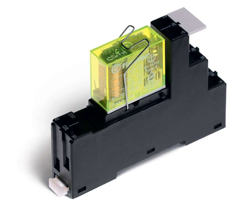 Модуль интерфейсный (сборка 50.12.9.012.1000 + 95.05.7SMA) электромеханич. реле безопасности 2CO 8А AgNi 12В DC IP20 винт. клеммы металлич. клипса LED + диод FINDER 481290121002SMA