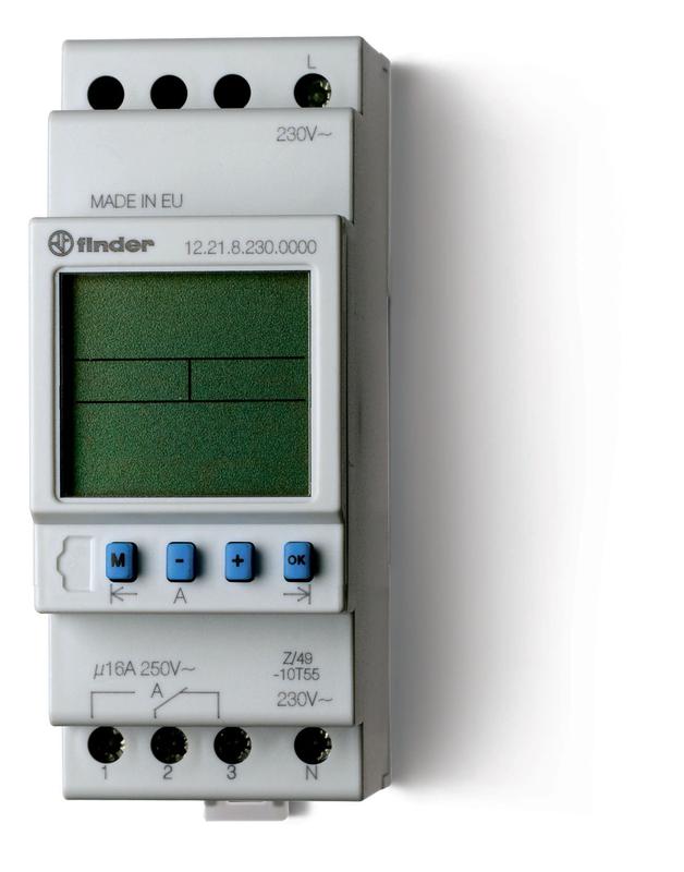 Реле времени цифровое недельное 16А 24В AC/DC 1CO 35.8мм IP20 монтаж на рейку 35мм FINDER 122100240000