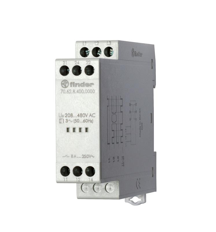 Реле контрольное для 3х-фазных сетей обрыв/чередование фаз выход 2CO 8А модульное 22.5мм IP20 FINDER 706284000000