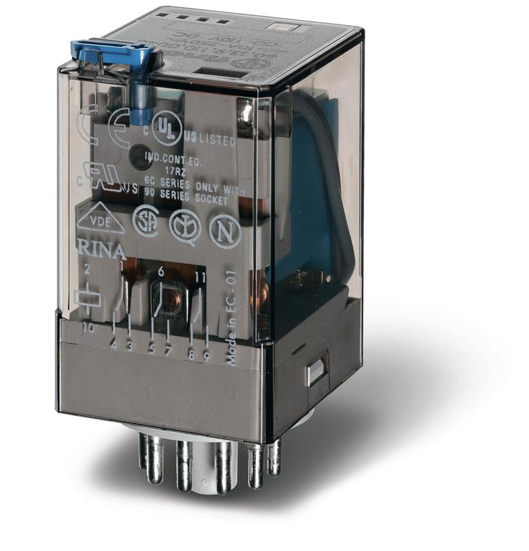 Реле универсальное электромеханич. монтаж в розетку 11-штырьковый разъем 3CO 10А AgNi 80В DC RTI опции: кнопка тест + мех. индикатор FINDER 601390800040