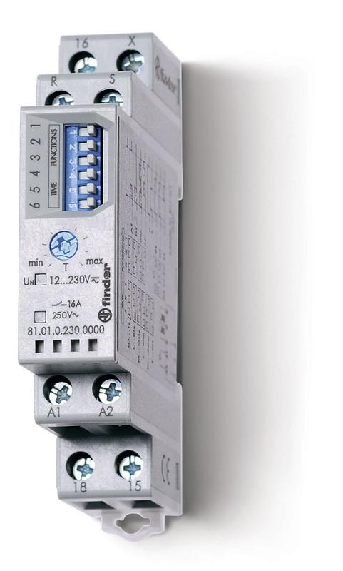 Таймер модульный мультифункциональный (AI DI SW SP BE DE EEb) функции SET RESET 12…240В AC/DC 1CO 16А 17.5мм регулировка времени 0.1с…10ч IP20 FINDER 810102300000