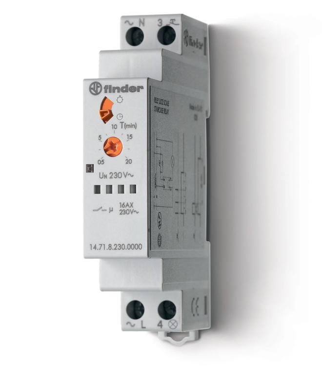 Таймер модульный электронный лестничный 1-функциональный 1NO 16А 3- или 4-проводная схема 230В AC 17.5мм IP20 FINDER 147182300000