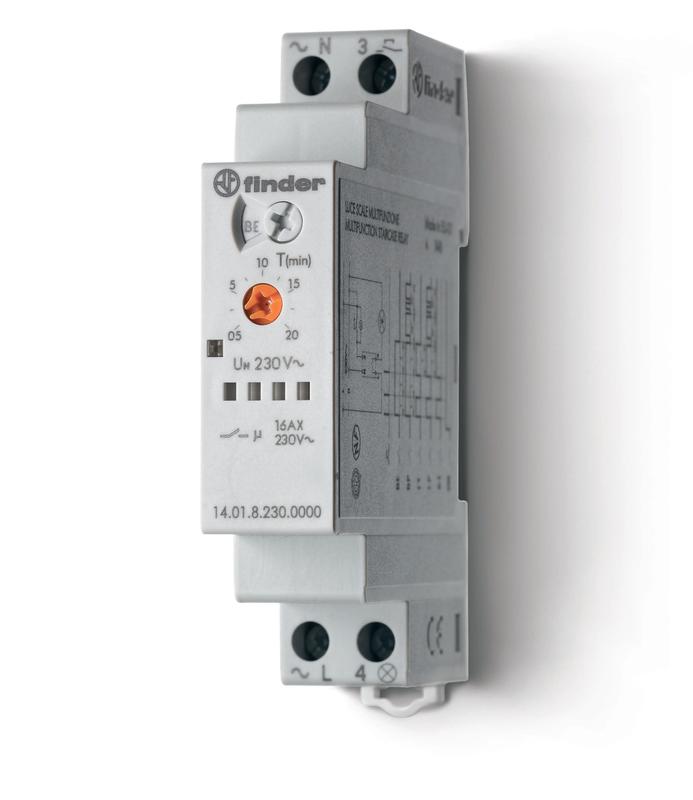 Таймер модульный электронный лестничный мультифункциональный 1NO 16А 3- или 4-проводная схема 230В AC 17.5мм IP20 FINDER 140182300000