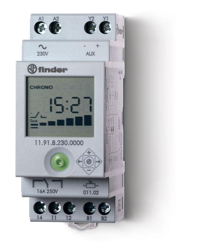 Фотореле модульное с фотоэлементом 011.02 цифровое реле времени монтаж на рейку 35мм 1CO 16А + 1доп.выход (для 19.91) 230В AC 1…150люкс 35мм фотореле IP20/фотоэлемент IP54 FINDER 119182300000
