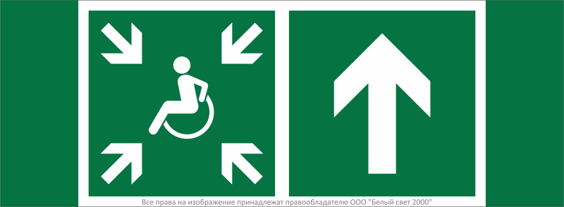 Знак безопасности NPU-3413.E77"Напр.движ. к пункту сбора(безоп.зоне)МГН прямо" Белый свет a19229