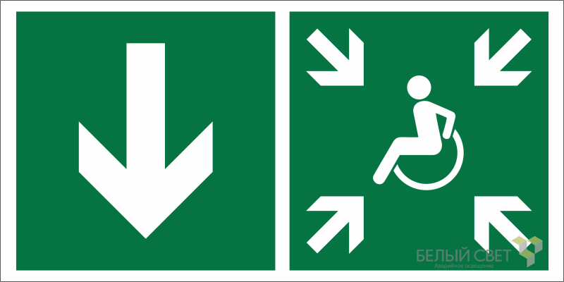 Знак безопасности NPU-6030.E79"Указ. двери пункта сбора(безоп.зоны)МГН(лев.)" Белый свет a20560