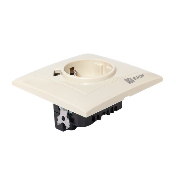 Розетка 1-м СП Валенсия 16А IP20 с заземл. защ. шторки с 2-мя заряд. устройствами USB 2.1А крем. PROxima EKF EWR16-028-20-2USB