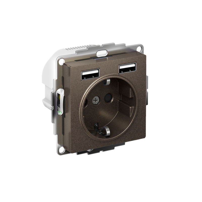 Розетка 1-м СП AtlasDesign 16А IP20 с 2-мя заряд. устройствами USB тип A+A 5В/2.4А 2х5В/1.2А механизм мокко SE ATN000630