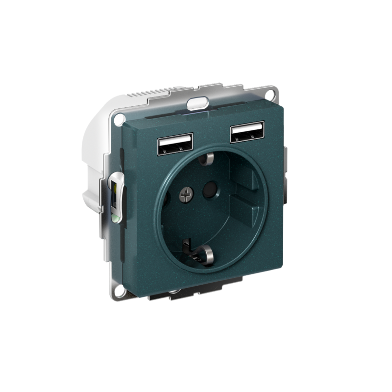 Розетка 1-м СП AtlasDesign 16А IP20 с 2-мя заряд. устройствами USB тип A+A 5В/2.4А 2х5В/1.2А механизм изумруд SE ATN000830