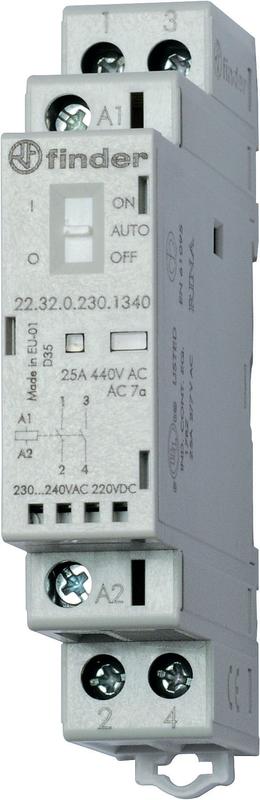 Контактор модульный 1NO+1NC 25А AgSnO2 48В AC/DC 17.5мм IP20 опции: мех.индикатор + LED FINDER 223200484520PAS
