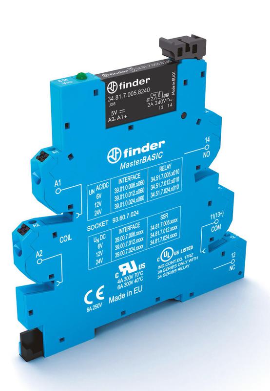 Модуль интерфейсный (сборка 34.81.7.012.9024 + 93.60.7.024) твердотельное реле MasterBASIC выход 6А (24В DC) 12В DC IP20 безвинт. клеммы Push-in FINDER 390070129024