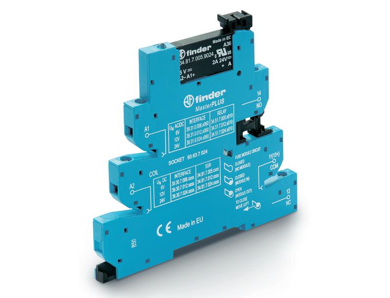 Модуль интерфейсный (сборка 34.81.7.060.9024 + 93.63.7.220) твердотельное реле MasterPLUS выход 6А (24В DC) 220В DC IP20 винт. клеммы FINDER 393072209024