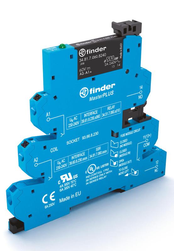 Модуль интерфейсный (сборка 34.81.7.060.9024 + 93.66.3.125) твердотельное реле MasterPLUS выход 6А (24В DC) 110-125В AC/DC подавление утечки тока IP20 безвинт. клеммы Push-in FINDER 396031259024