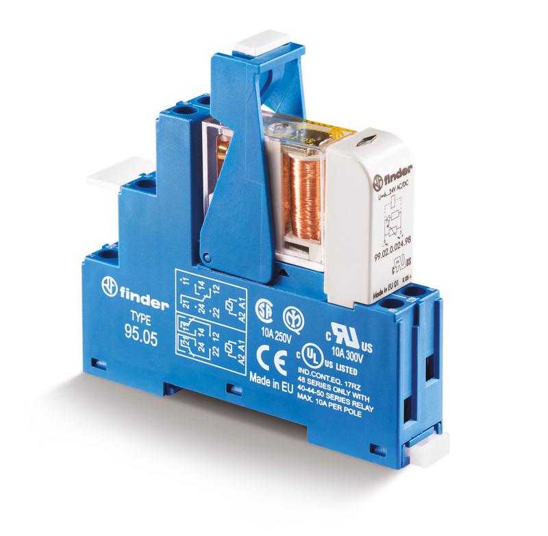 Модуль интерфейсный (сборка 50.12.9.024.5000 + 99.02.9.024.99 + 95.05SPA) электромеханич. реле 2CO 8А AgNi+Au 24В DC IP20 винт. клеммы пластик. клипса LED + варистор FINDER 483290245060SPA