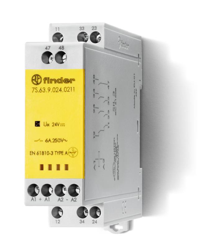 Реле безопасности модульное электромеханич. (реле с принудительным управлением контактами) 2NO+1NC+1 AUX(доп.контакт) 6А AgSnO2 110В DC винт. клеммы 22.5мм IP54 FINDER 7S6391100211