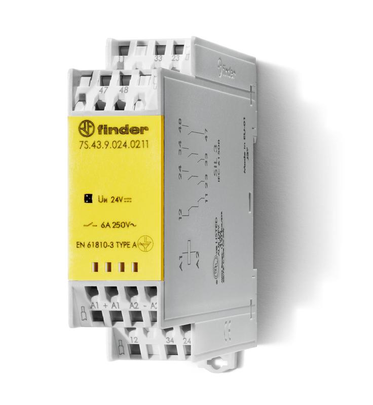 Реле безопасности модульное электромеханич. (реле с принудительным управлением контактами) 2NO+1NC+1 AUX(доп.контакт) 6А AgSnO2 12В DC безвинт. клеммы Push-in 22.5мм IP54 FINDER 7S4390120211