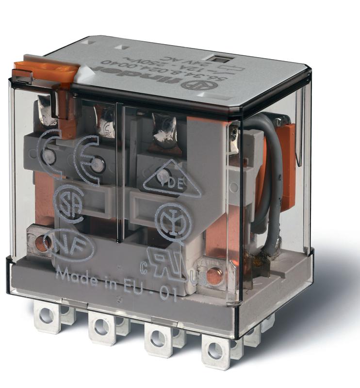 Реле миниатюрное силовое электромеханич. монтаж в розетку или наконечники Faston (4.8х0.5мм) 4CO 12А AgSnO2 125В DC RTI опции: кнопка тест FINDER 563491254010