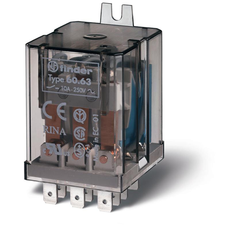 Реле универсальное электромеханич. монтаж в наконечники Faston 187 (4.8х0.8мм) 3CO 10А AgNi 6В AC RTI боковой монтаж. фланец опции: нет FINDER 606380060000