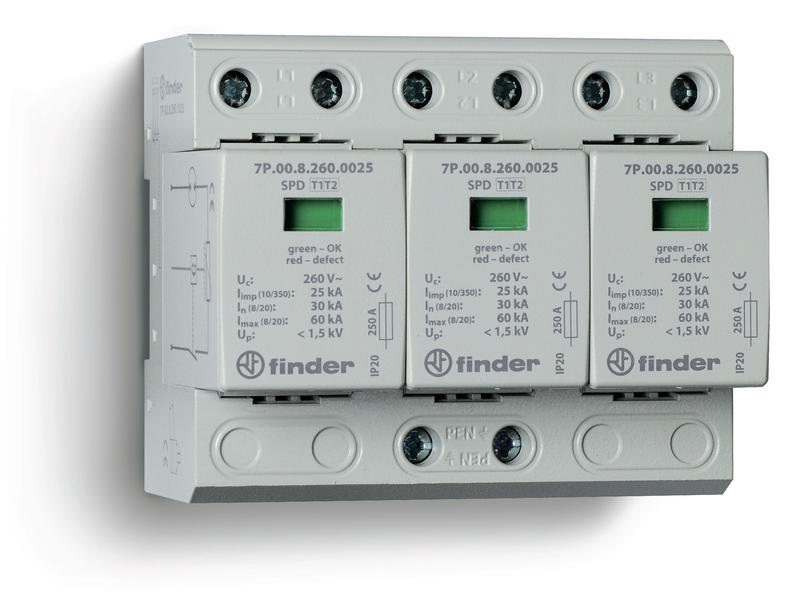 Устройство защиты от импульсных перенапряжений УЗИП тип 1+2 (3 варистор/искровый разрядник) модульный 108мм IP20 FINDER 7P0382601025