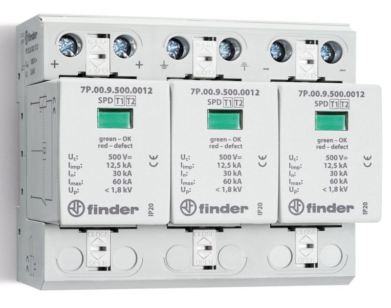 Устройство защиты от импульсных перенапряжений УЗИП тип 1+2 (3 варистора 1000В DC) модульный 108мм IP20 FINDER 7P0390001012