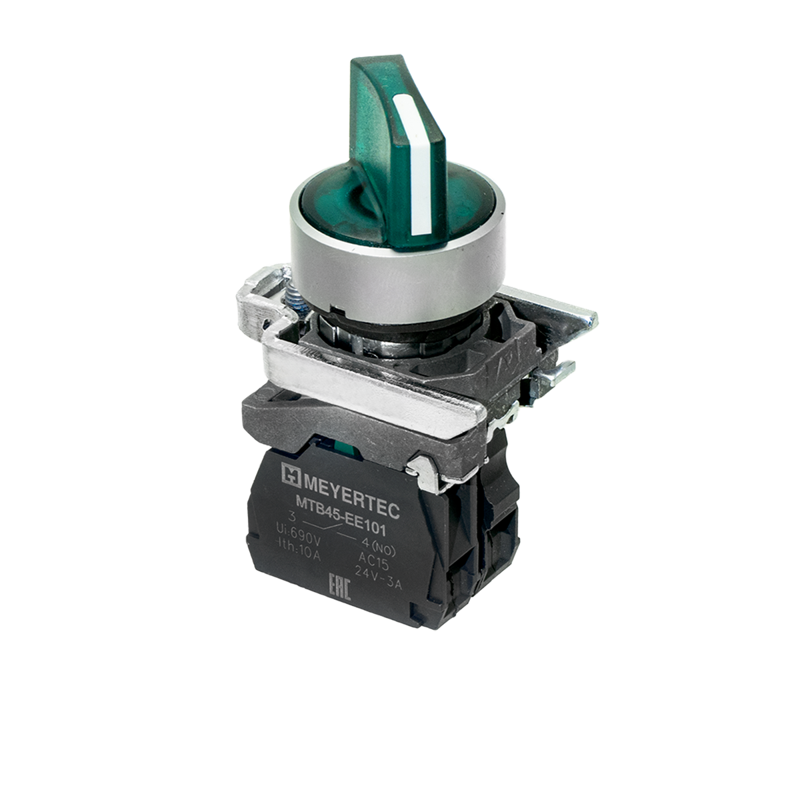 Переключатель на 3 положения с фиксацией и подсветкой 1NO 24В AC/DC IP65 металл MTB4-BK33711 зел. ОВЕН 137185