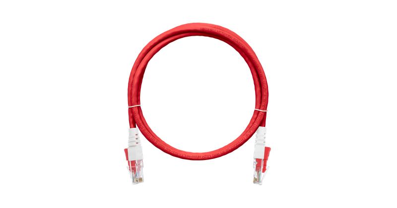 Шнур коммутационный кат.5E (класс D) U/UTP 4 пары 24 AWG (7х0.195мм) 100МГц 2хRJ45 (8P8C) T568B мж BC чистая медь LSZH нг(А)-HFLTx с замком красн. 2м NIKOMAX NMC-PC4UD55B-020-CS-RD