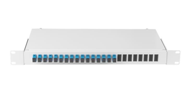 Кросс оптический 19дюйм 1U 16 портов SC/UPC(16 одинарных SC/UPC адаптеров) SM 9/125 OS2 стальной сер. в комплекте: адаптеры монтаж. шнуры 1м сплайс-кассета с крышкой гильзы заглушки NIKOMAX NMF-RP16SCUS2-WS-ES-1U-GY