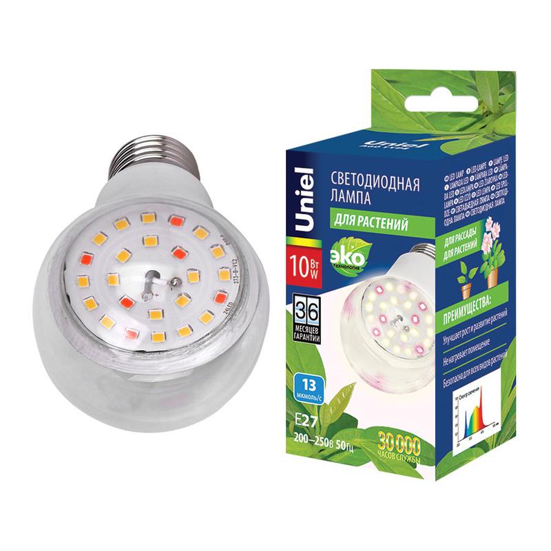 Лампа светодиодная LED-A60-10W/SPFB/E27/CL PLP30WH 10Вт A60 грушевидная прозрачная для растений спектр для фотосинтеза (упак. картон) Uniel UL-00007404