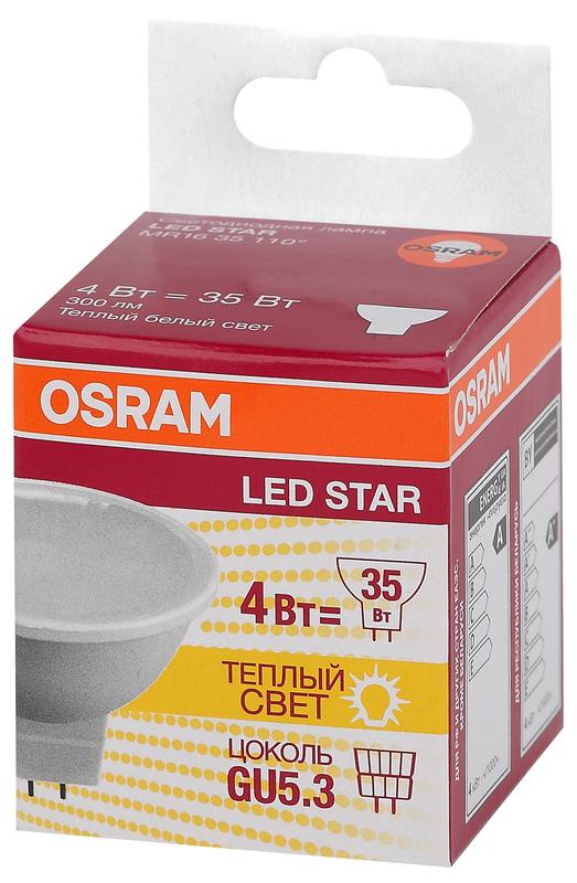 Лампа светодиодная LED Star MR16 35110 4W/830 230V GU5.3 4Вт матовая 3000К тепл. бел. GU5.3 MR16 300лм 220-240В пластик. (замена 35Вт) OSRAM 4058075480407