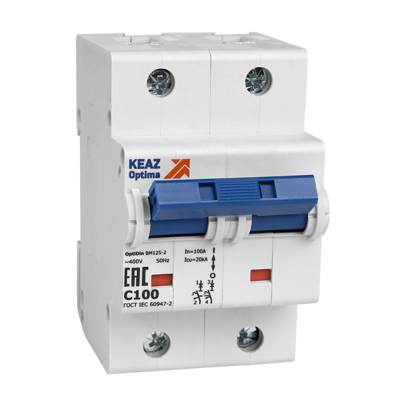 Выключатель автоматический модульный 2п (1P+N) C 80А 6кА OptiDin BM125-2NC80-8ln-УХЛ3 КЭАЗ 138540