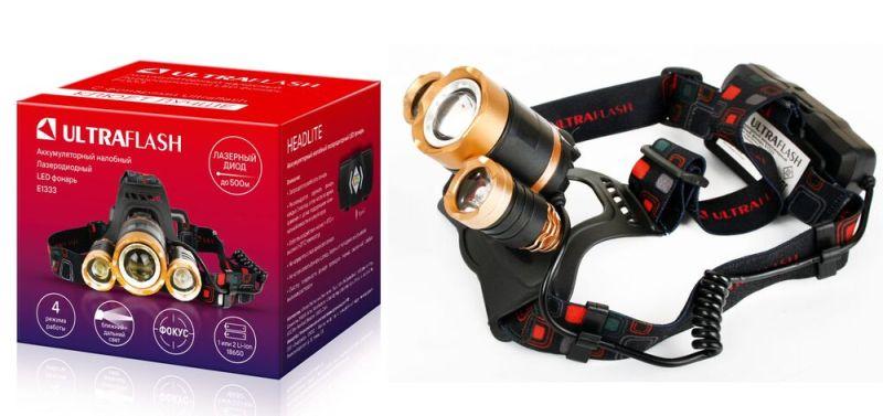 Фонарь аккумуляторный налобный E1333 3LED 4Вт аккум. 3.7В фокус 4 режима метал. зол./черн. Ultraflash 13903
