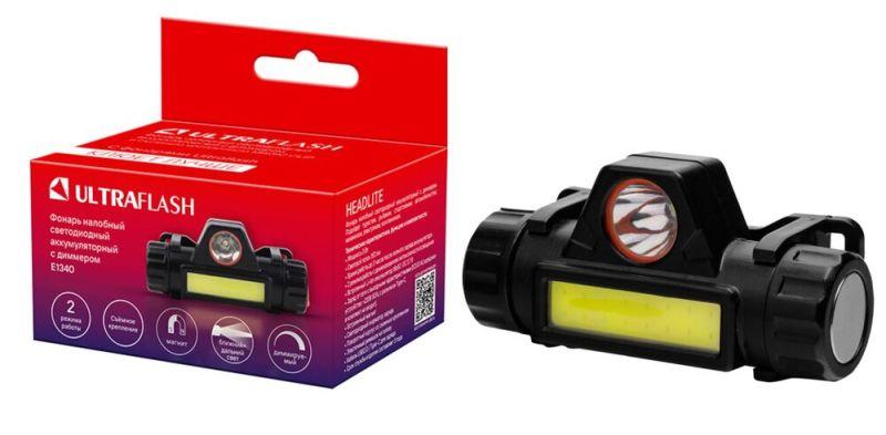 Фонарь аккумуляторный налобный E1340 XPE + COB LED 3Вт 2 режима аккум. 3.7В магнит диммир. черн. (бокс) Ultraflash 14268