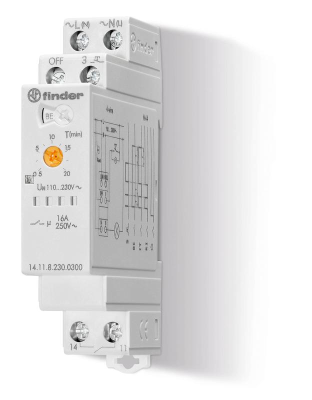 Таймер модульный электронный лестничный мультифункциональный 1NO 16А (контакт без потенциала) 3- или 4-проводная схема 230В AC 17.5мм IP20 FINDER 141182300300