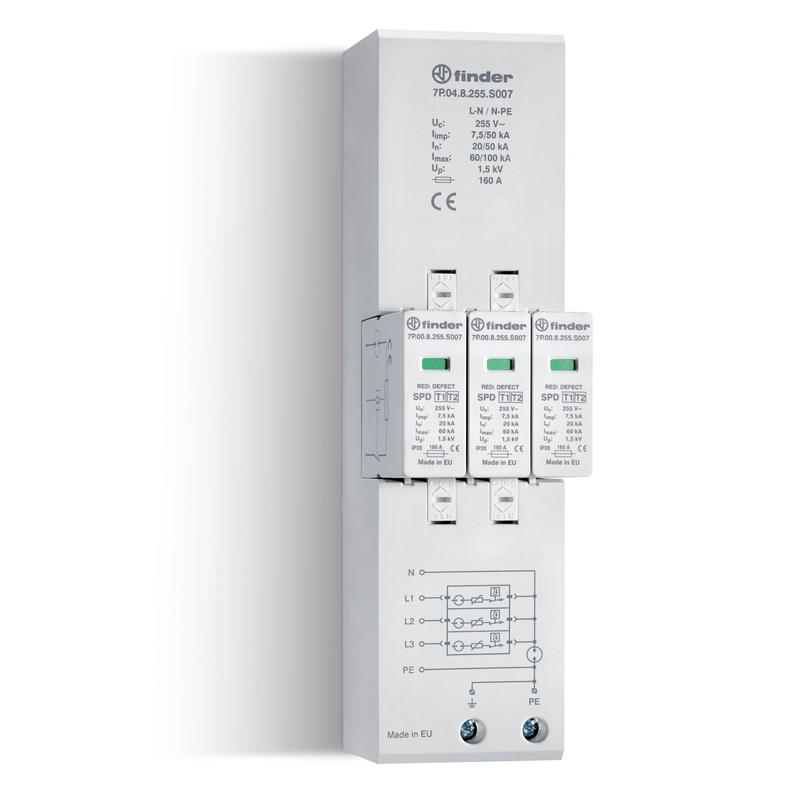Устройство защиты от импульсных перенапряжений УЗИП тип 1+2 (3 варистор/искровый разрядник + 1 искровый разрядник) 255В AC FINDER 7P048255S007