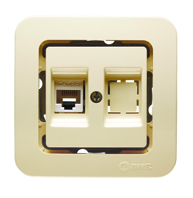 Розетка компьютерная СП Lillium кат.5 + гнездо без вставки крем. Makel 71235