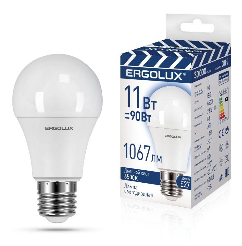 Лампа светодиодная LED-A60-11W-E27-6K 11Вт грушевидная 6500К холод. бел. E27 180-240В ЛОН ПРОМО Ergolux 14724