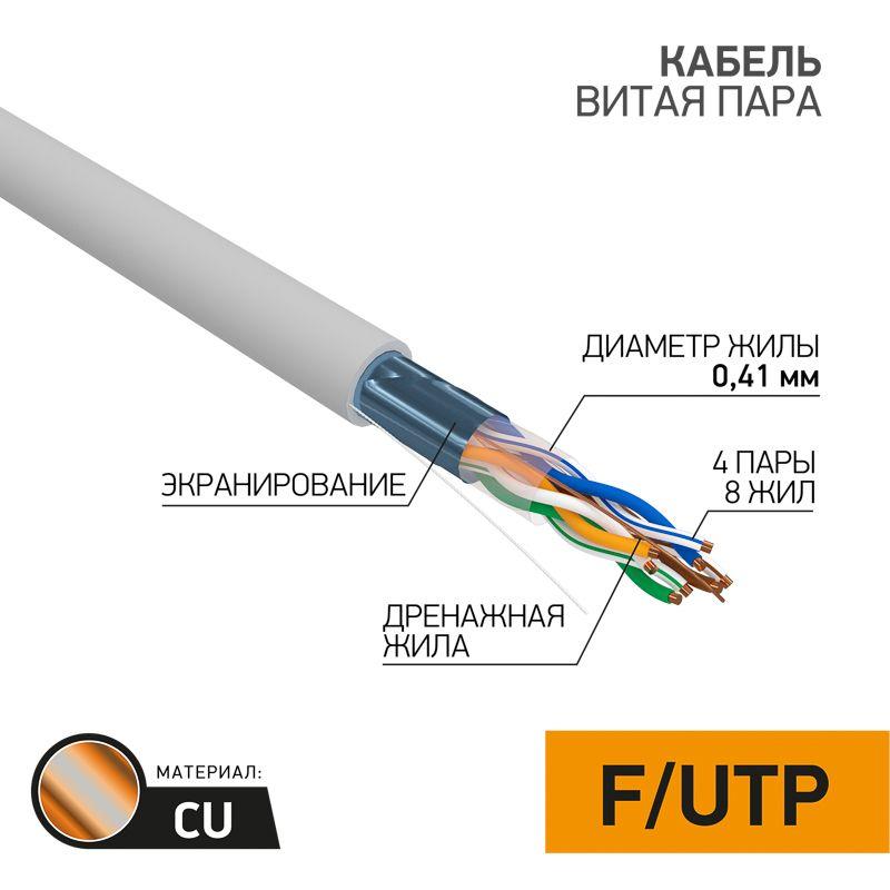 Кабель витая пара F/UTP кат.5 4х2х26AWG solid PVC INDOOR сер. (305м) (м) LIGHT PROCONNECT 01-0148
