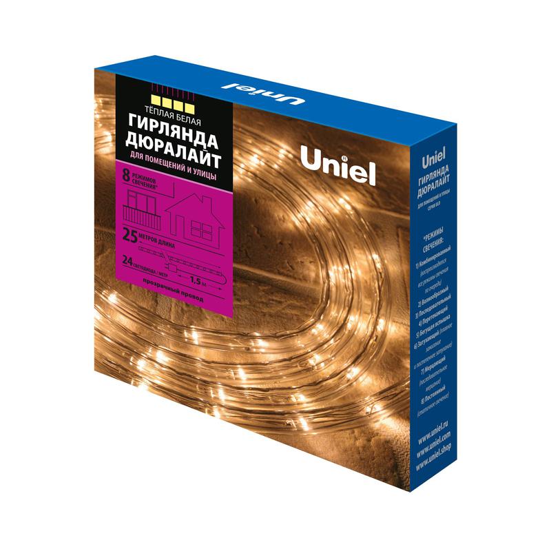 Гирлянда светодиодная ULD-D50 25M/С08 IP44 WARM WHITE Дюралайт 25м с контроллером тепл. бел. свет. провод бел. Uniel UL-00008575