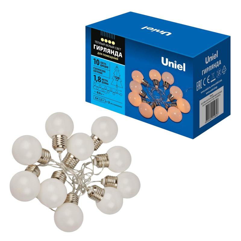 Гирлянда ULD-S1800-010/STB/3AA WARM WHITE IP20 BULBS "Лампочки" 3AA (не в/к) 1.8м 10 LED тепл. бел. свет. провод прозр. Uniel UL-00008421
